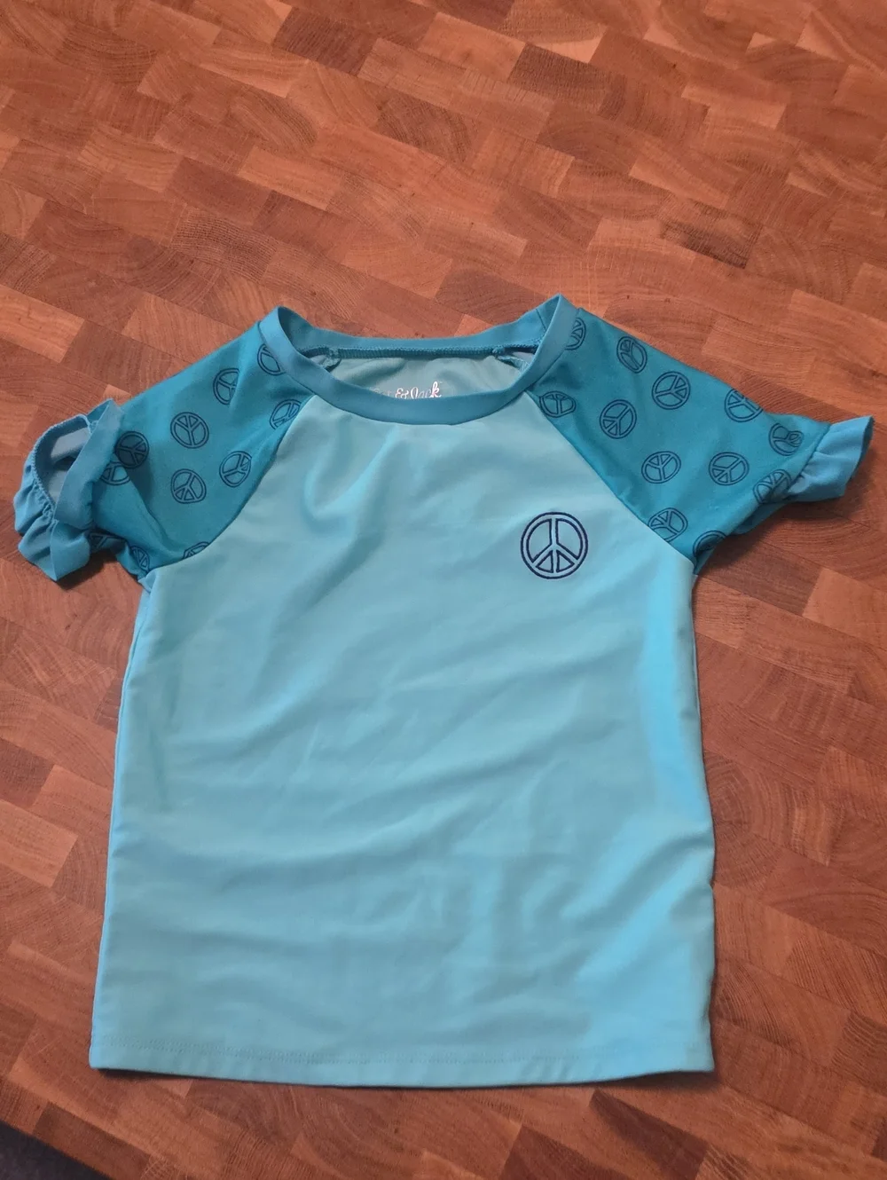 10/$10 Cat & Jack Aqua Blue Kids Swim Rashguard with Peace Sign Sleeves